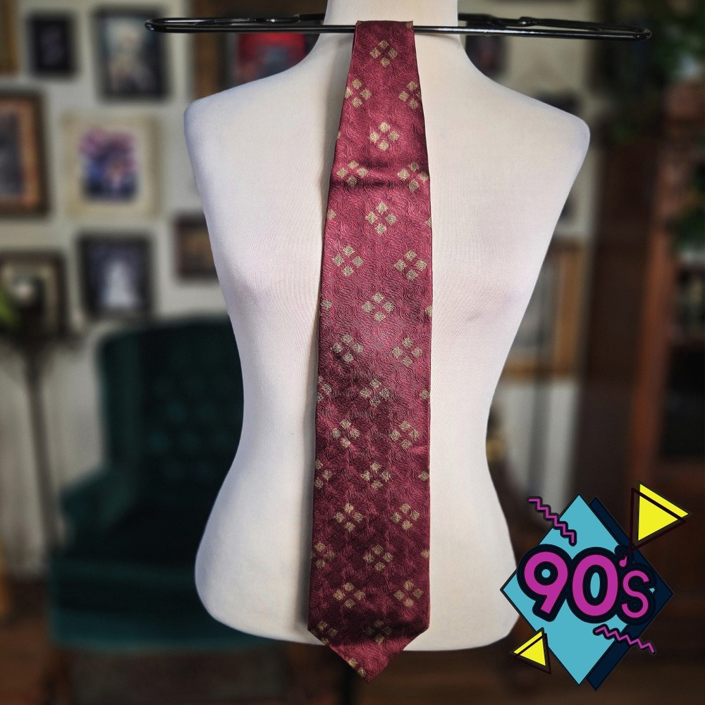 Structure Silk Tie Vintage 90s Burgundy Geometric Red Gold Pattern Mens Necktie